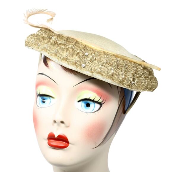 Vintage 50s Platter Hat Dark Ivory w Ruffle and Rhinestones 10" Across - Hey Viv - Picture 2 of 7